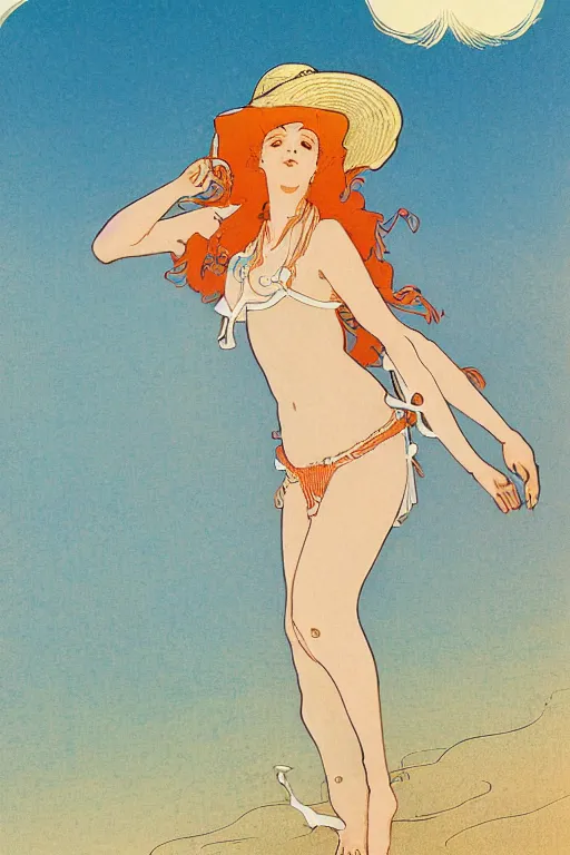 Image similar to A girl in a white lacy bikini and white sun hat and Holding a heart-shaped lifebuoy, jumping for joy,long orange hair floating on air ,Waves and sand and clouds in the background ,Smooth visual lines,,graphic Design by mucha and studio ghibli