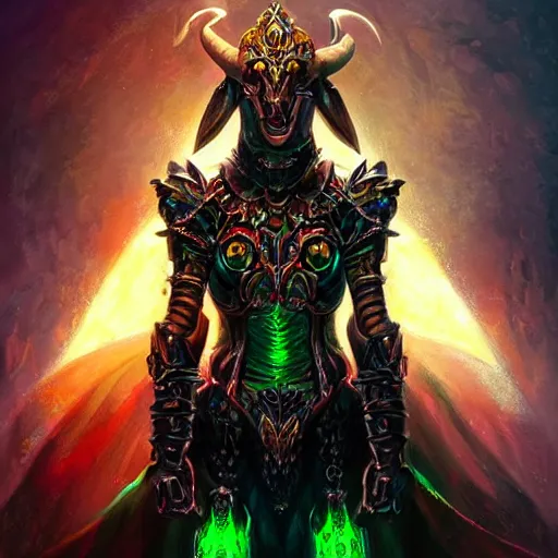 Prompt: portrait of a beautiful evil goat-woman as a paladin in full shining armor with one menacing green and orange glowing eye, oil painting, digital painting, intricate detail, vivid color, neon color, artwork by ross tran + raymond swanland, background artwork by steven outram