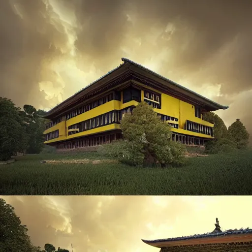 Prompt: rectangular house inspired by a tibetan palace between big trees, yellow clouds, dramatic lighting, artstation, matte painting, raphael lacoste, simon stalenhag, frank lloyd wright, zaha hadid