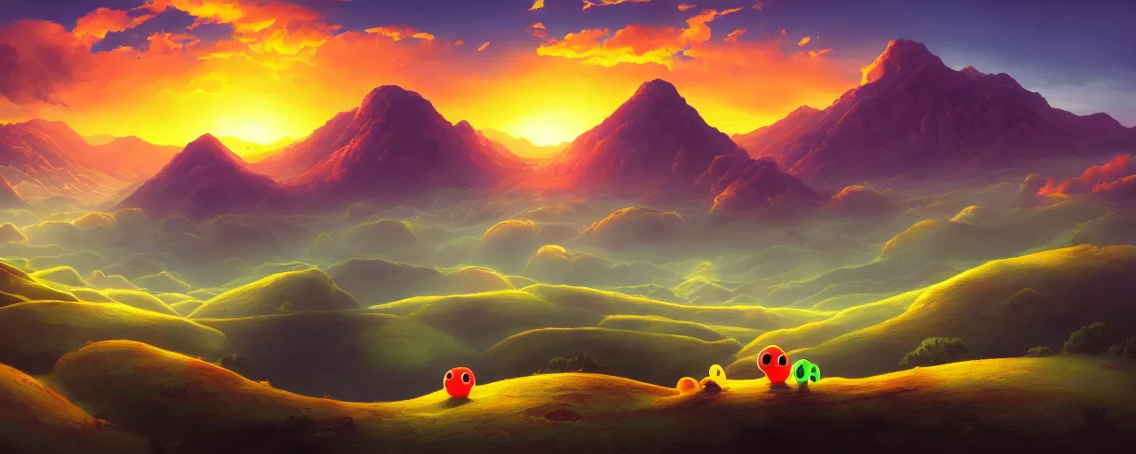 Prompt: detailed round pacman, with ghosts, in a beautiful nature landscape with clouds, mountains, in background, sunset, by rhads, pacman