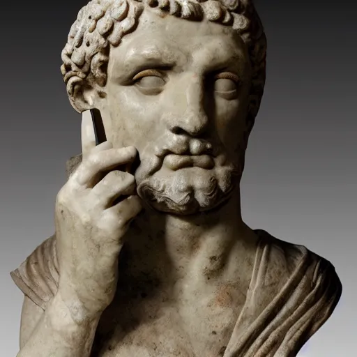 Image similar to An ancient roman sculpure of a man holding a phone, realistic, ultra high detail, 8k.