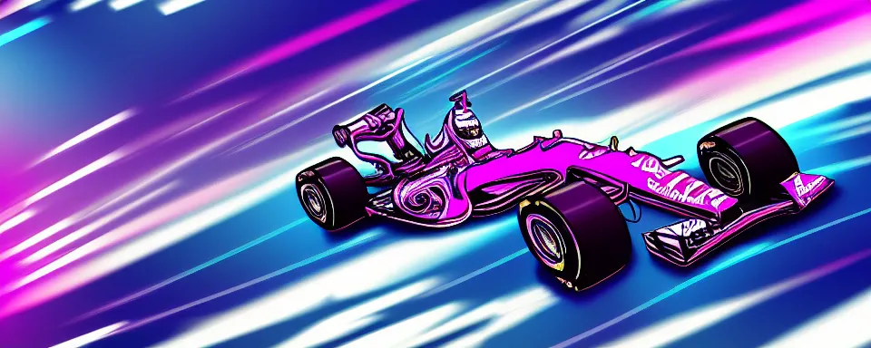 Image similar to formula one car, synthwave illustration, motion blur, blue aesthetic