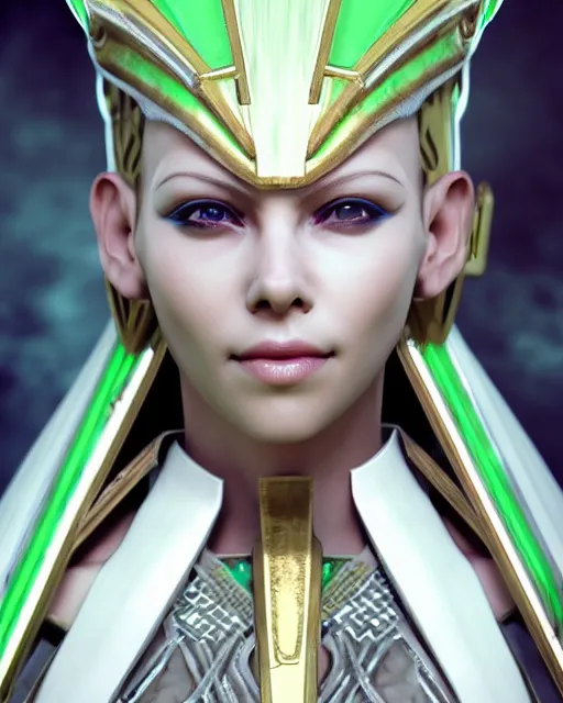 Image similar to perfect white haired attractive egyptian goddess, warframe armor, pharaoh headdress, beautiful, symmetric, dreamy, half asian, pretty face, green eyes, charlize theron, detailed, scifi platform, laboratory, experiment, 4 k, ultra realistic, epic lighting, android body, illuminated, cinematic, masterpiece, art by akihito tsukushi, voidstar