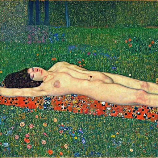 Prompt: a man laying in the sun, full body, Gustav Klimt painting