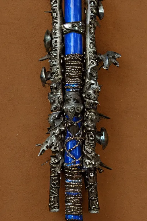 Image similar to a steel axe, all craftsdwarfship is of the highest quality. it is encrusted with blue garnet and encircled with bands of rope reed. this object is adorned with hanging rings of obsidian and menaces with spikes of leather, bone, and iron. on the item is an image of an elf in frog demon bone.
