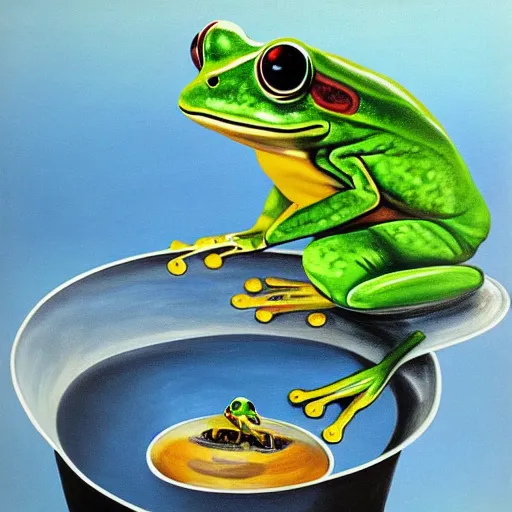 Prompt: a frog in a boiling pot of water, surrealist, absurdist painting