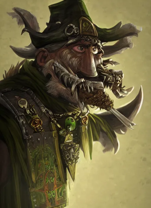 Image similar to a skaven from warhammer fantasy with a gray beard, wearing jewelry, tricorne hat, green robe, mean, dark tones, warlock, d & d, digital art, detailed face, highly detailed, trending on artstation, realistic
