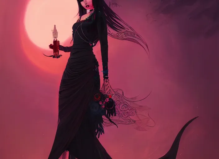Prompt: A psychedelic portrait of cute goth egirl in black oriental dress, vibrant color scheme, highly detailed, in the style of romanticism, cinematic, artstation, Moebius, Greg rutkowski