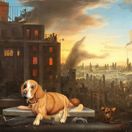 Image similar to a dog and a robot watching destroyed city from a rooftop, painting