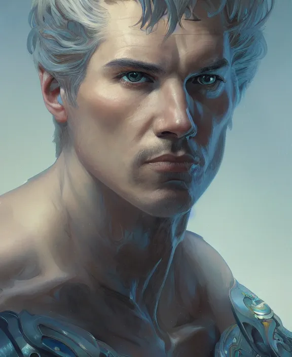 Image similar to portrait close up of guy, concentrated look, symmetry, with an explosion on the back, d & d, fantasy, intricate, elegant, highly detailed, digital painting, artstation, concept art, art by artgerm and greg rutkowski and alphonse mucha, boris vallejo