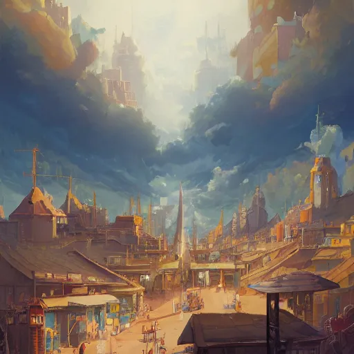 Prompt: a city market and the blue sky with clouds in the distance, in the style of peter mohrbacher