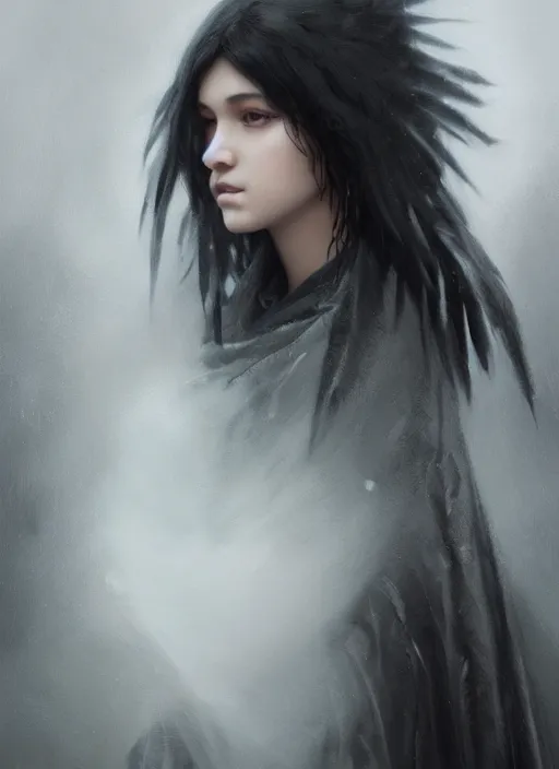 Prompt: a teenage girl with very short black hair and a huge cloak made of grey and black raven feathers standing in the mist. mist swirls around her. beautiful highly detailed face. beautiful painting by artgerm and greg rutkowski and raymond swanland