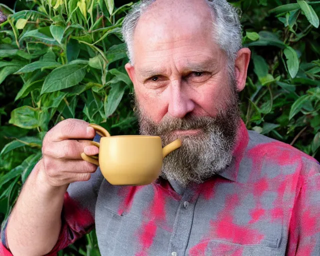 Image similar to mr robert is drinking fresh tea in a garden from spiral mug, detailed calm face, grey short beard, golden hour, red elegant shirt