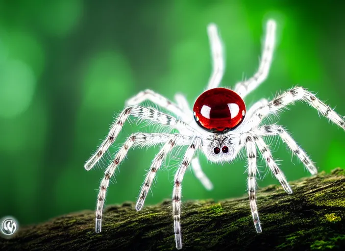 Image similar to white crystal clear spider with huge red eyes, in a forest. highly detailed 8 k. intricate. lifelike. soft light. fantasy horror style. cinematic post - processing