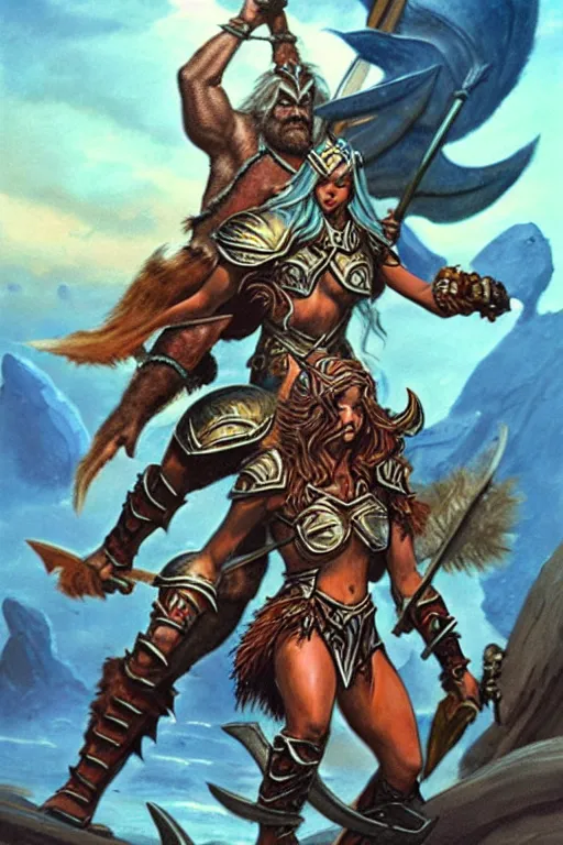 Prompt: a small blue-skinned triton girl wearing scale armor riding on a the shoulders of a large male goliath wearing fur and leather armor, dnd concept art, painting by Jeff Easley