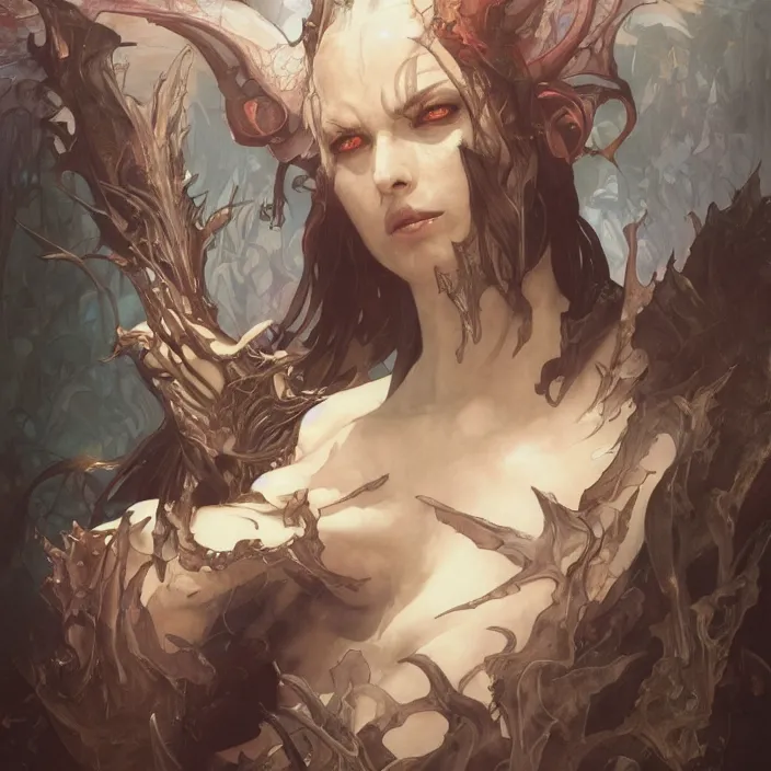 Image similar to portrait of a demon lord of the abyss, painted, 4k art by artgerm and greg rutkowski and alphonse mucha and craig mullins and James Jean and Andrei Riabovitchev and Marc Simonetti and peter mohrbacher, trending on artstation, octane render, dramatic lighting, masterpiece artwork, symmetrical face in painting