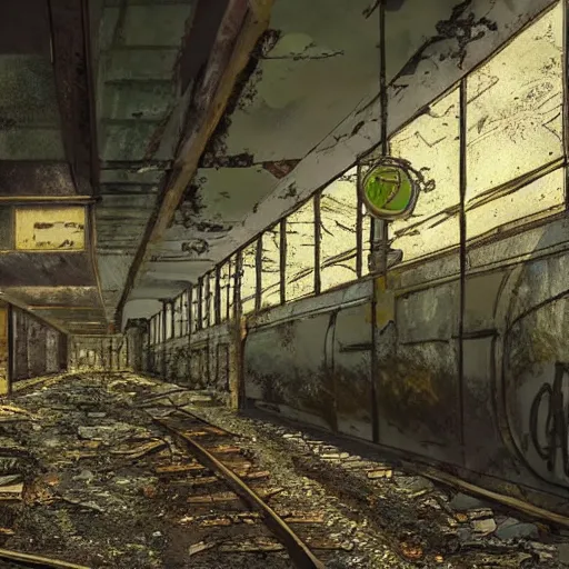 Prompt: an abandoned post apocalyptic subway station with an old decaying train, overgrown, sunlight, concept art, award winning