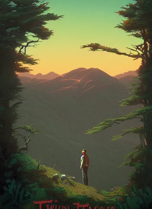 Prompt: Twin Peaks poster artwork by Michael Whelan and Tomer Hanuka, Rendering of portrait of Terrence Malick, full of details, by Makoto Shinkai and thomas kinkade, Matte painting, trending on artstation and unreal engine