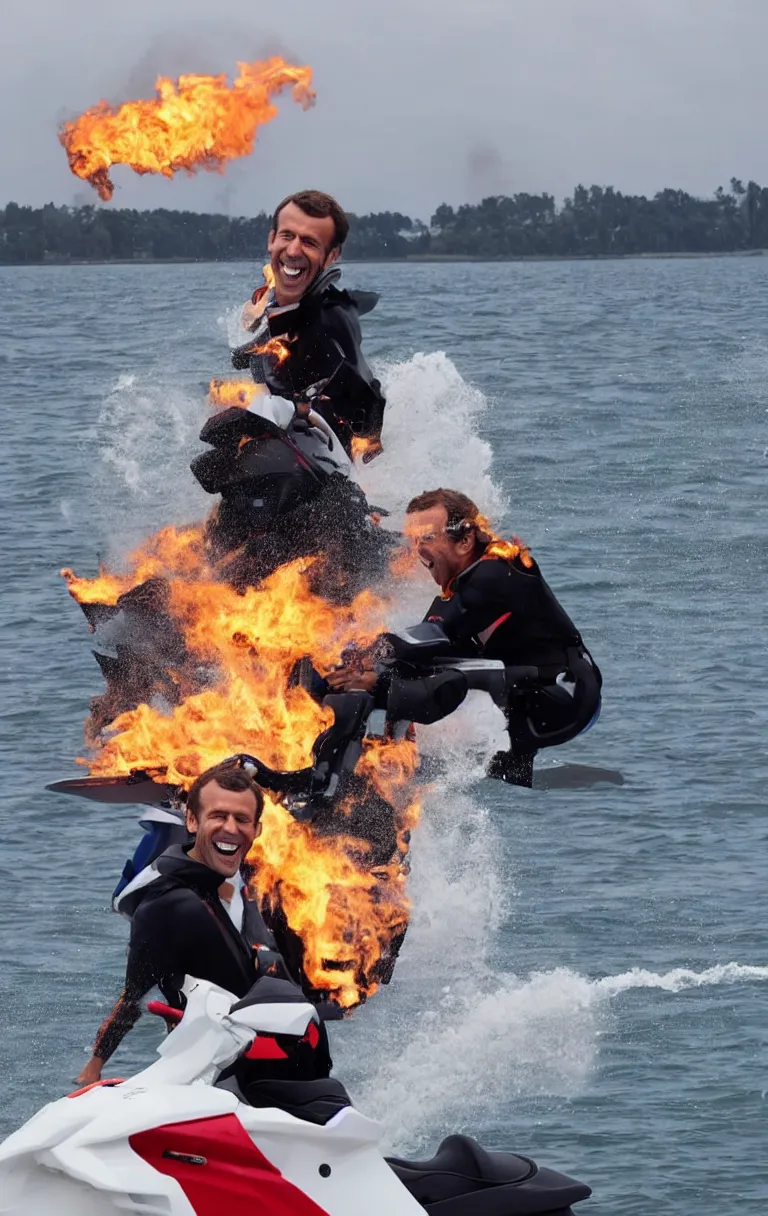 Image similar to portrait of emmanuel macron laughing on a jetski while big fires spread