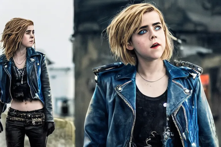 Image similar to promotional image of kiernan shipka as a british punk rocker in a new movie, blue dyed hair, leather clothes, heavy makeup, detailed face, movie still frame, promotional image, imax 70 mm footage