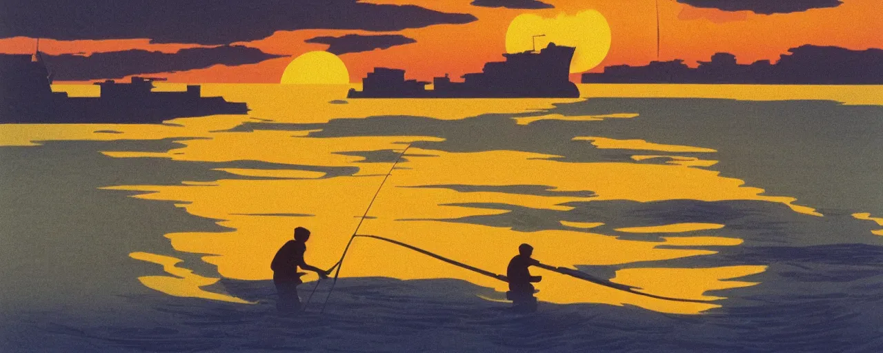 Prompt: fisherman fishing at sea, golden hour, hiroshi nagai