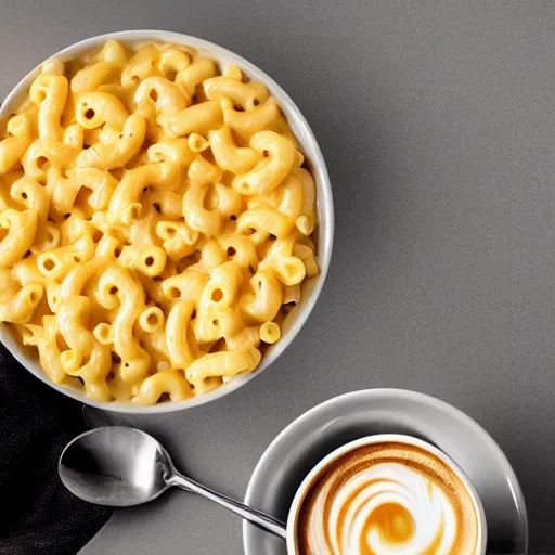 Image similar to a hyper realistic photo of a living box of mac and cheese holding a cup of coffee