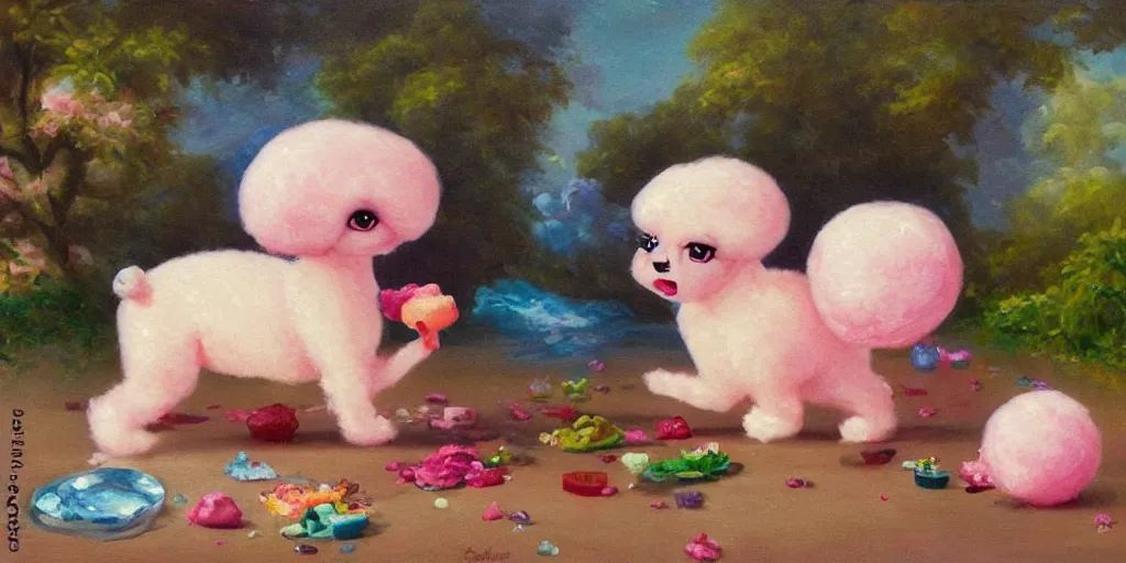 Prompt: bubble gum ice cream made in the shape of 3 d littlest pet shop poodle, realistic, melting, soft painting, forest, desserts, ice cream, glitter, master painter and art style of noel coypel, art of emile eisman - semenowsky, art of edouard bisson