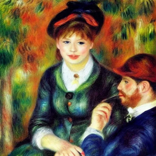 Image similar to art by renoir, real lgbt love, people wearing clothes