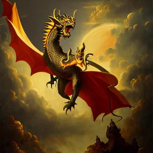 Image similar to baroque painting of a medieval dragon dressed as a wizard, the dragon has a long white beard, crescent moon in the background, detailed fullbody portrait, 8K HD image