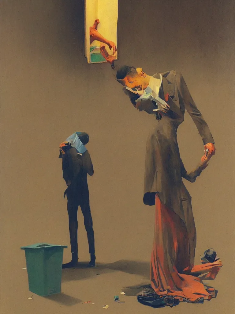 Image similar to magician with a trash over his head praying to a trash bin Edward Hopper and James Gilleard, Zdzislaw Beksinski highly detailed