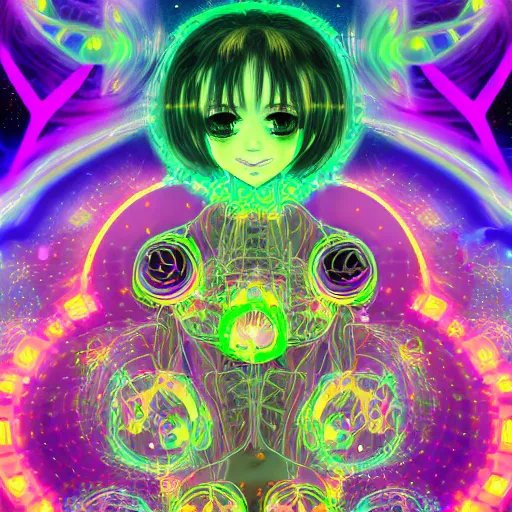 Image similar to anime dj girl electronic circuitry, with fireflies reflections hall of mirrors kaleidoscope bioluminescent vines and flowers, glitter, fractals, by scott uminga and chris dyer and alex grey street art, trending on artstation, dramatic lighting, octane render, weta digital, trending on deviant art, deepdream, ray trace
