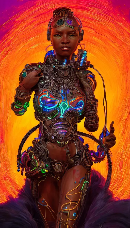 Prompt: zulu cyborg princess,covered in neon wire, insane, intricate, highly detailed, digital painting, artstation, concept art, smooth, sharp focus, illustration, Unreal Engine 5, 8K, art by artgerm and greg rutkowski and alphonse mucha