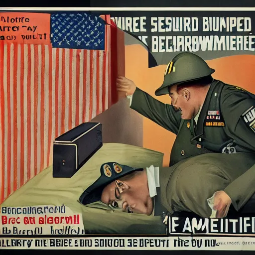 Image similar to + a security guard slumps sleeping at a computer + while a bumblebee carries a brown briefcase in the background, highly detailed, ww 2 american propoganda poster, colorized