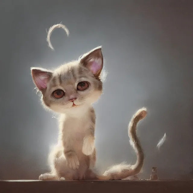 Image similar to a painting of a cute light beige kitten. brown ears. brown face. brown legs. brown tail. white paws. big eyes. character design by cory loftis, fenghua zhong, ryohei hase, ismail inceoglu and ruan jia. volumetric light, detailed, rendered in octane