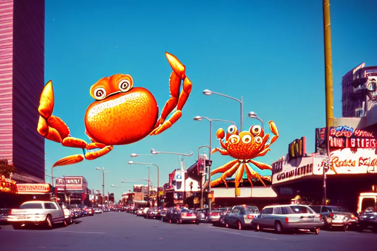 Image similar to 2 0 1 5 cute giant crab terrorizing a city, googie city, americana, fishcore, exterior photography, hd 8 k, photography cinestill