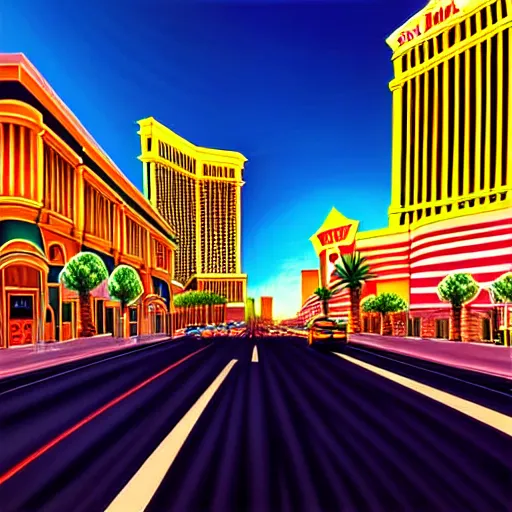 Image similar to las vegas in the future, city streets, golden hour, perspective artwork, photorealism