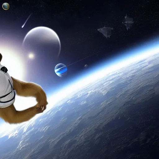 Image similar to photo of a monkey wearing a space suite in space, 4k wallpaper, high quality photo