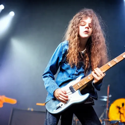 Image similar to 1 9 - year - old girl with shaggy, unkempt, permed hair, double denim, headbanging, playing electric guitar, heavy rock concert, 2 0 2 2 live in concert, streaming 4 k quality