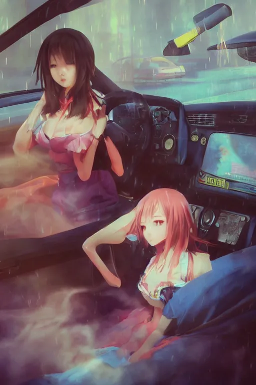 Prompt: art by D. Jun, by Mo Xiang Tong Xiu, Infrared Unreal Engine render, cute girls in Japanese maid's clothes and smoking inside a JDM car in the rain at night in a parking lot, anime vintage colors, polaroid, foggy, smoke, steam, parov, trending on artstation, volumetric light, cinematic render, ultra realistic, oil painting