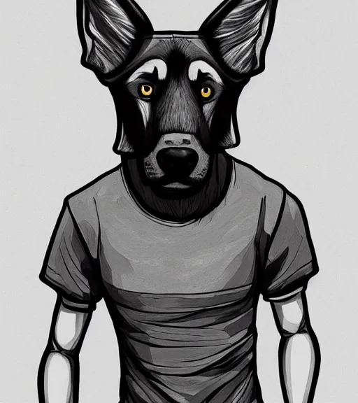 Image similar to furaffinity expressive stylized master furry artist digital line art painting portrait character study of the anthro male anthropomorphic german shepard fursona animal person wearing clothes tshirt and shorts