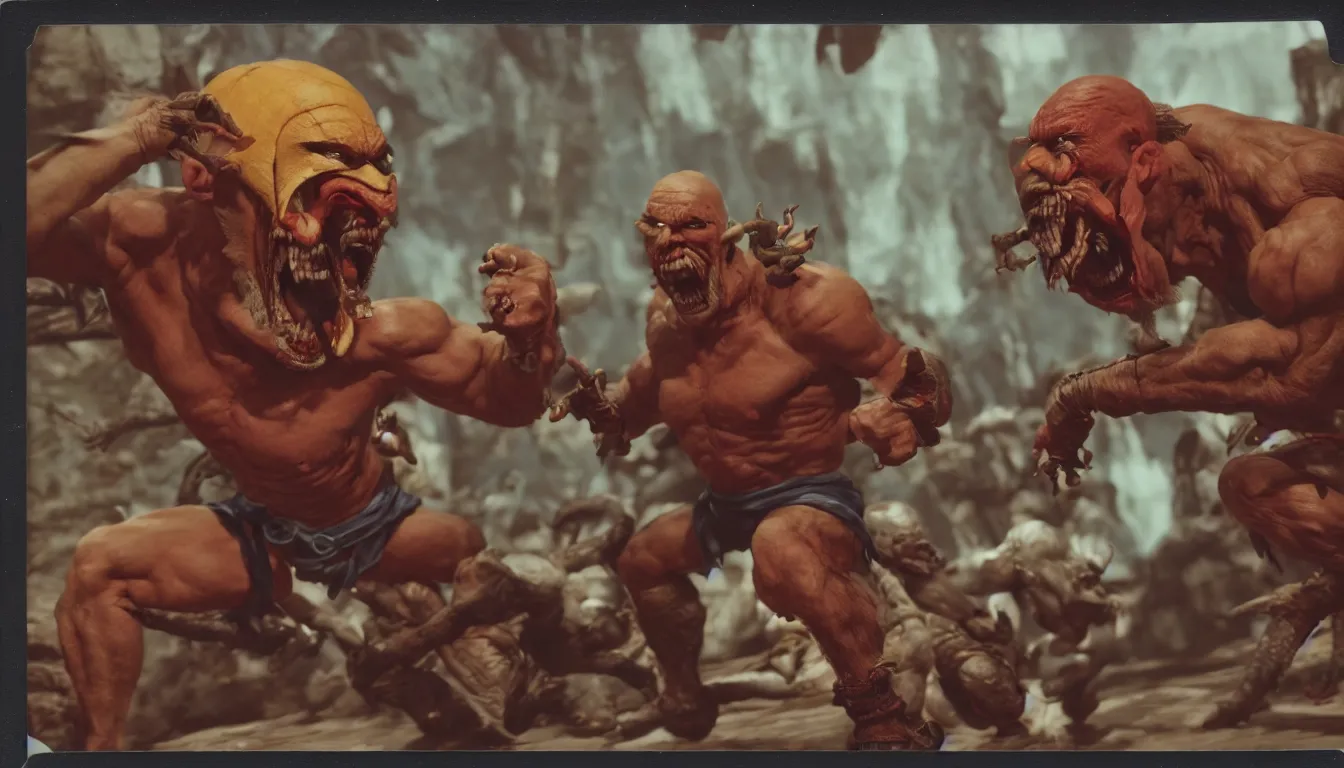 Image similar to polaroid picture of old man yelling at mortal kombat goro very detailed, 8 k