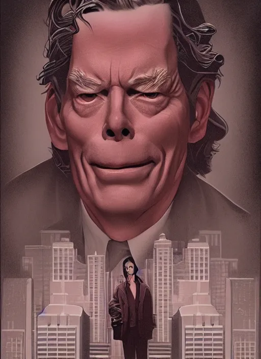 Prompt: Twin Peaks movie poster artwork by Michael Whelan and Tomer Hanuka, Rendering of Stephen King, from a scene from Twin Peaks, clean, full of detail, Matte painting, trending on artstation and unreal engine