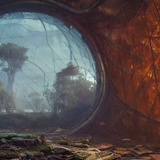 Prompt: highly detailed digital matte painting of a beautiful abandoned, overgrown, damaged crashed croissant, by Raphael LaCoste and Ruan Jia and Robert McCall, postcyberpunk, geodesic dome, hyperdetailed, sunrise, wide shot, autochrome, octane render @MarioManiacDude