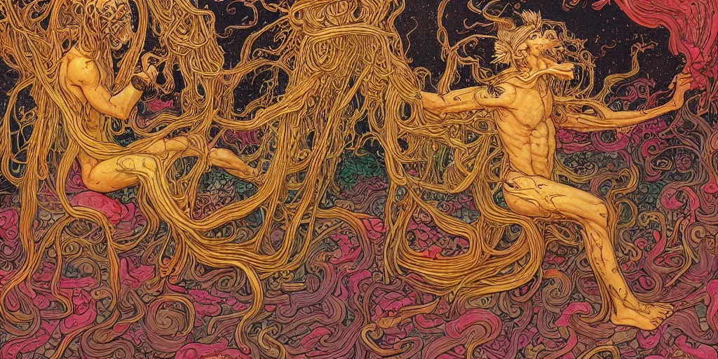 Image similar to epic illustration of a fungus god, by james jean, by ivan bilibin. glossy wet levitating floating fungus god with arms outstretched, made from colorful wet fungus tendrils. uhd, amazing depth, cinematic lighting