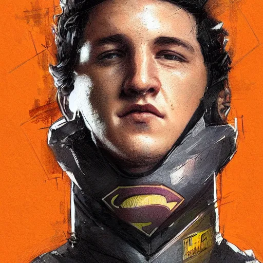 Image similar to portrait of a superhero by greg rutkowski, he looks like miles teller, he is wearing a black, orange and yellow kevlar gear, highly detailed portrait, digital painting, artstation, concept art, smooth, sharp foccus ilustration, artstation hq