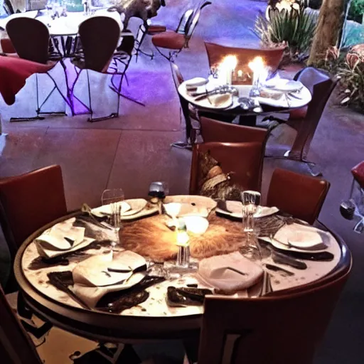 Image similar to dinosaurs dinning at a fancy restaurant