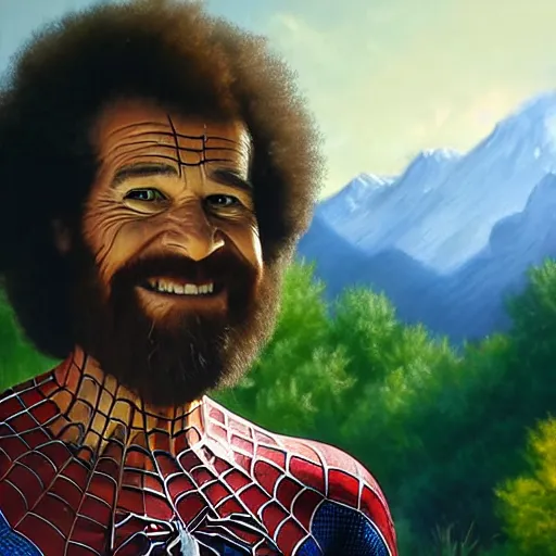 Image similar to a closeup photorealistic photograph of bob ross working on a canvas painting of spiderman. film still. brightly lit scene. mountains and trees. this 4 k hd image is trending on artstation, featured on behance, well - rendered, extra crisp, features intricate detail, epic composition and the style of unreal engine.