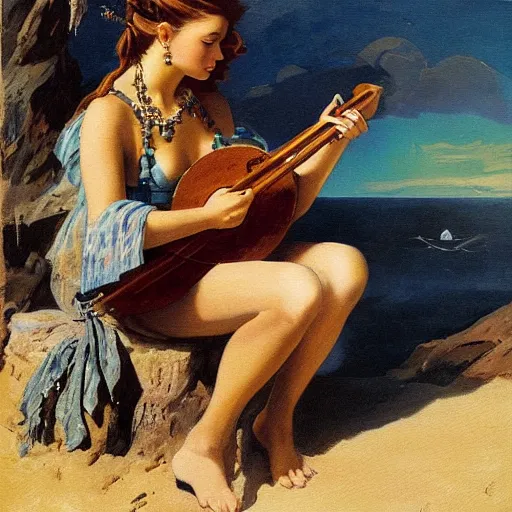 Prompt: a lovely painting by Frank frazetta of tortle bard playing the lute by the sea.