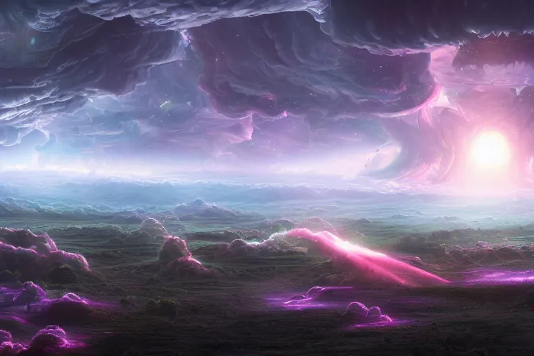 Image similar to a psychedelic realm with rolling plains made out of clouds, and torn rift in the sky that leads into another galaxy in another universe, in the style of wlop, illustration, epic, fantasy, hyper detailed, smooth, unreal engine, sharp focus, ray tracing