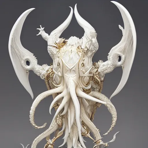 Prompt: symmetrical symmetrical, angelarium, illithid, cthulhu, white with gold accents, sculpture by ellen jewett